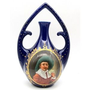 Portrait Vase Porcelain Male Card Player Cobalt Gold Gilt Continental Antique